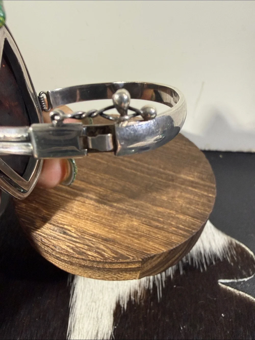 925, Vintage Sterling Silver Amber Statement Hinged Bangle Bracelet